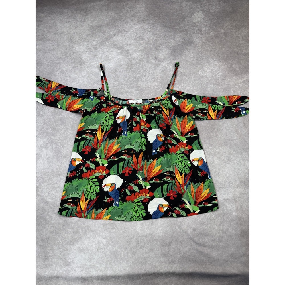 Bailey 44 Blouse Womens Small Black Tropical Parrot Cold Shoulder Top USA Floral